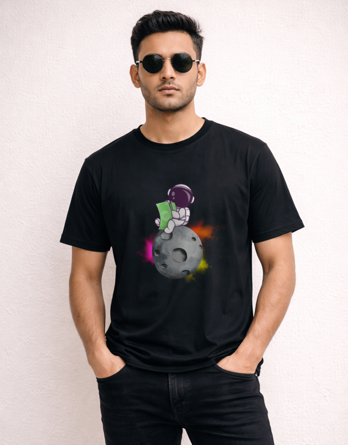 Astronaut Sitting on Moon with Money Classic Crew T-Shirt