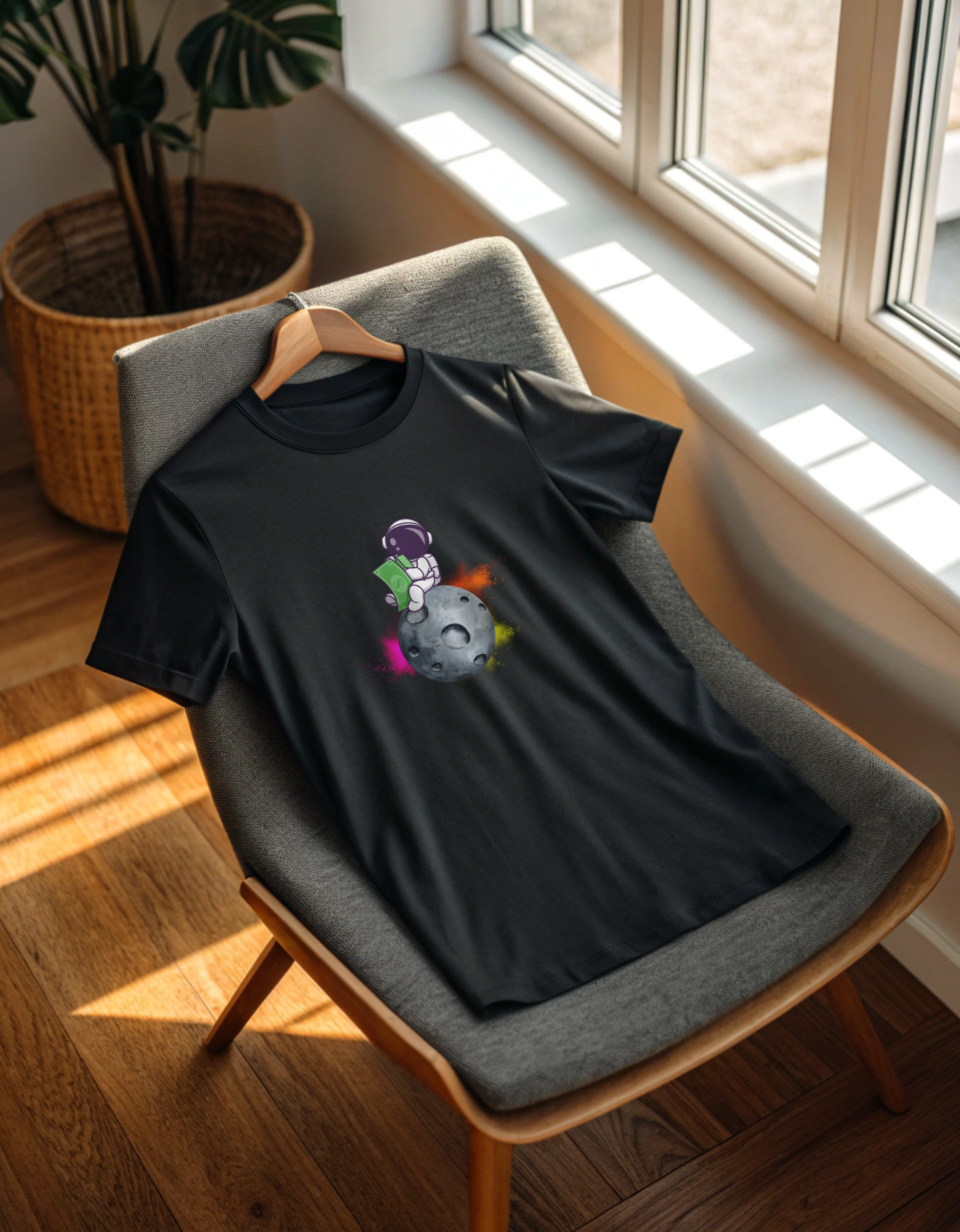 Astronaut Sitting on Moon with Money Unisex Classic Crew T-Shirt